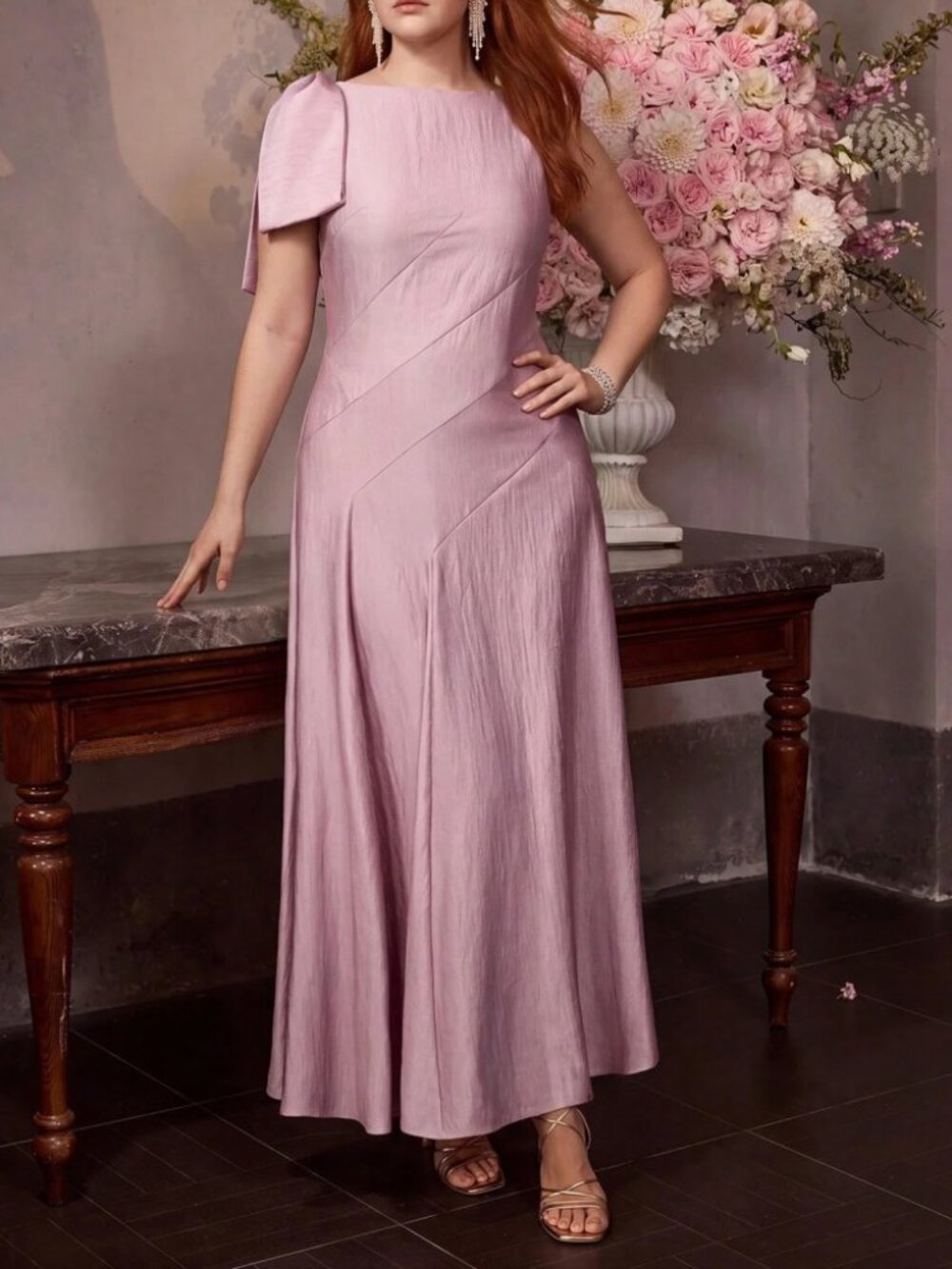 Dusty Pink One Shoulder Bow Asymmetric Seam Maxi Dress